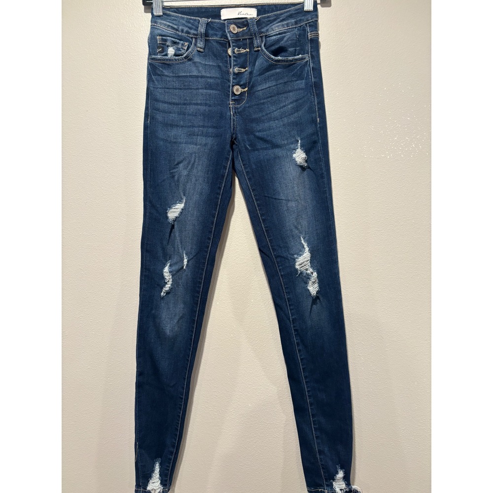 KanCan Womens High Rise Distressed Skinny Jeans Dark Wash Button Fly 0/23